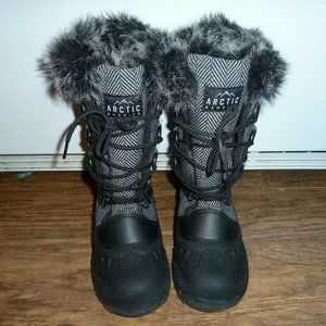 Arctic Barrier Snow Boots Womens Sz 7 Black Gray Furry Cozy Brown Waterproof
